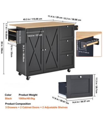 56" Kitchen Island Cart with Wood Top, Storage Cabinet, Drop Leaf, Drawer, Adjustable Shelf, Spice Rack, Towel Bar, Hooks