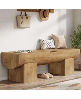 Storage Bench with Safety Hinges, 55 Inch Farmhouse Shoe Bench with Flip-Top, Natural