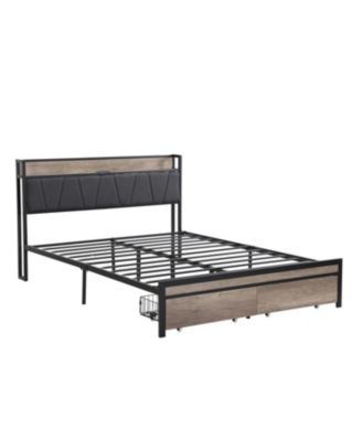 Queen Size Metal Platform Bed Frame with Storage and USB Headboard