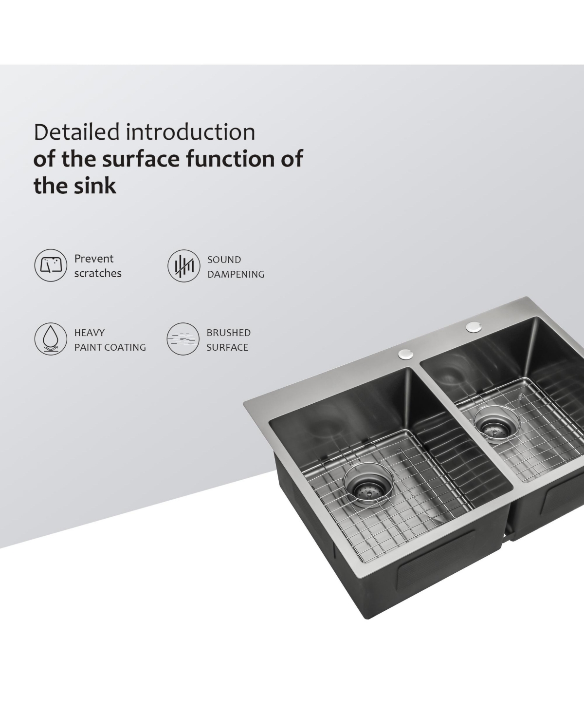 Flynama 33" x 22" Gunmetal Black Double Bowl Drop-In Kitchen Sink, 16-Gauge T304 Nano Stainless Steel, Two 10" Deep Basins