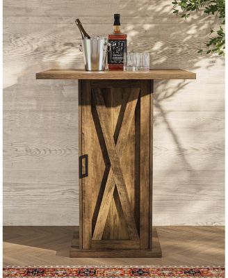 Bar Table with Storage Cabinet, 39.4" H Square High Top Pub Table, Wood Bistro Cocktail Table, Farmhouse Design with 3-Tier Cabinet