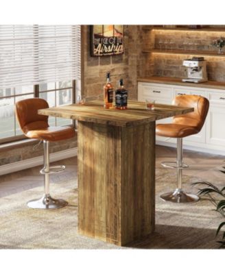 Square Bar Table, 31" Wooden Home Bar Unite with Geometric Texture, Farmhouse Counter Height Pub Table with Stable Base