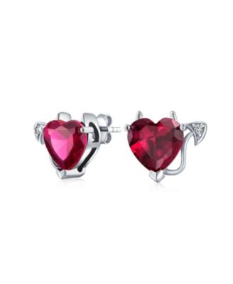 Cubic Zirconia Ruby Red CZ Devil Heart Stud Earring Pendant Set Sterling Silver