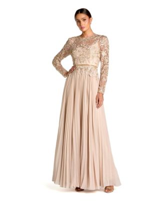 Petite Long Sleeve Chiffon Embellished Gown