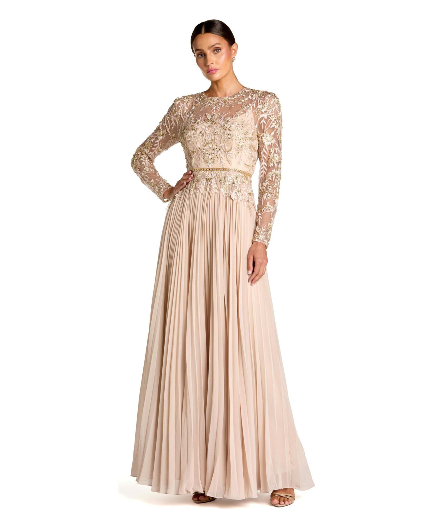 Petite Long Sleeve Chiffon Embellished Gown