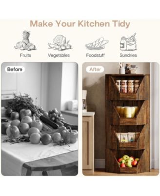 4-Tier Fruit and Vegetable Storage Rack, 55.12" H Freestanding Open Storage Basket Stand, Wood Corner Vegetable Fruit Shelves