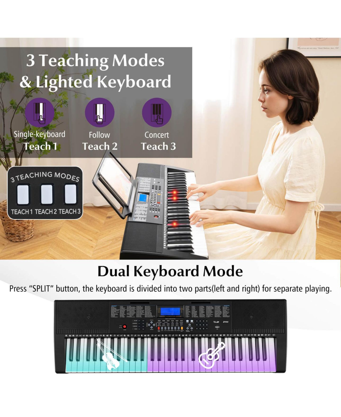 Детские игрушки Costway 61-Key Electric Piano Keyboard with 3 Teaching Modes and Lighted Keys, 7-Piece Set, Ages 5+, цвет: Чёрный — фото 6