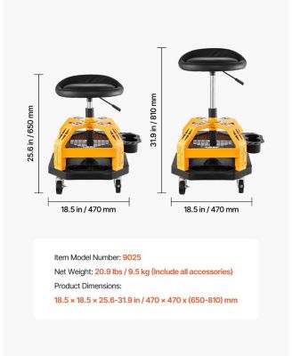 Rolling Shop Stool, Pneumatic Adjustable Height Garage Seat, 300 lb Capacity, 360° Swivel Padded Workshop Stool with Casters