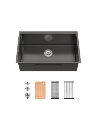 30inch Undermount Single Bowl Black 304 Stainless Steel Handmade Kitchen Sink with Cutting Board and Colander