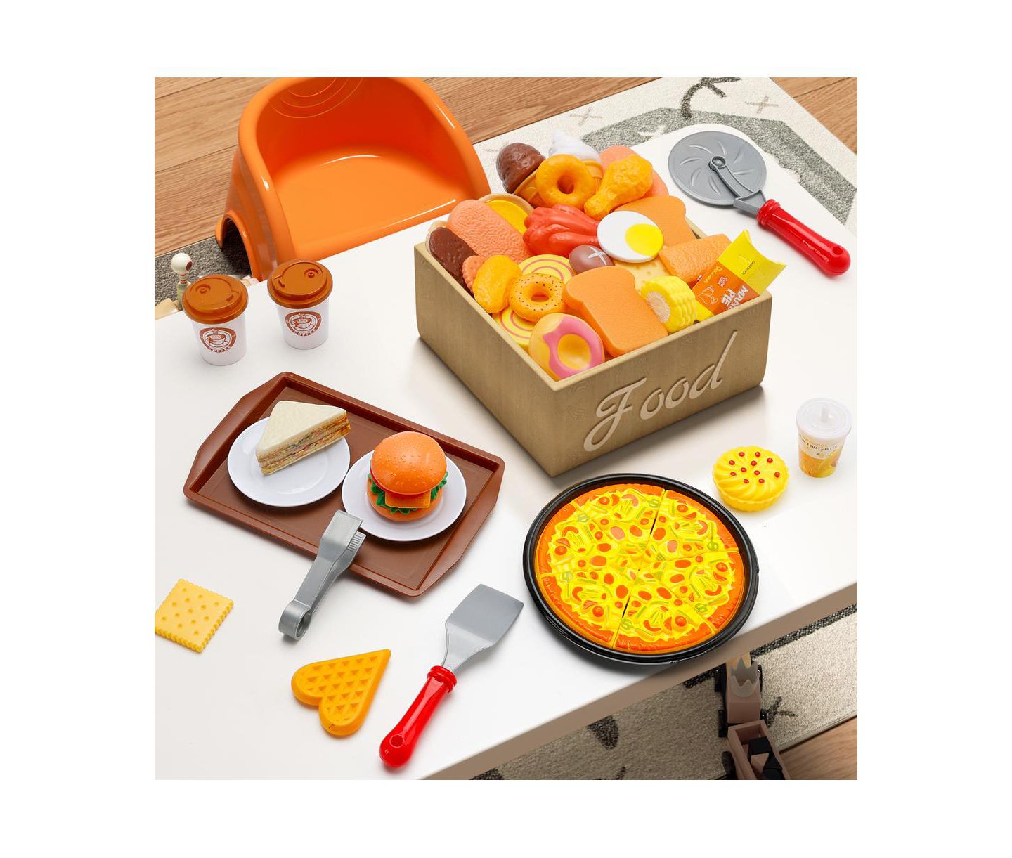 Детские игрушки Bruce & Shark 56-Piece Kids Pretend Diner Playset, Toy Food Set with Hamburger, Fries, Sandwich & Waffle, цвет: Жёлтый — фото 2