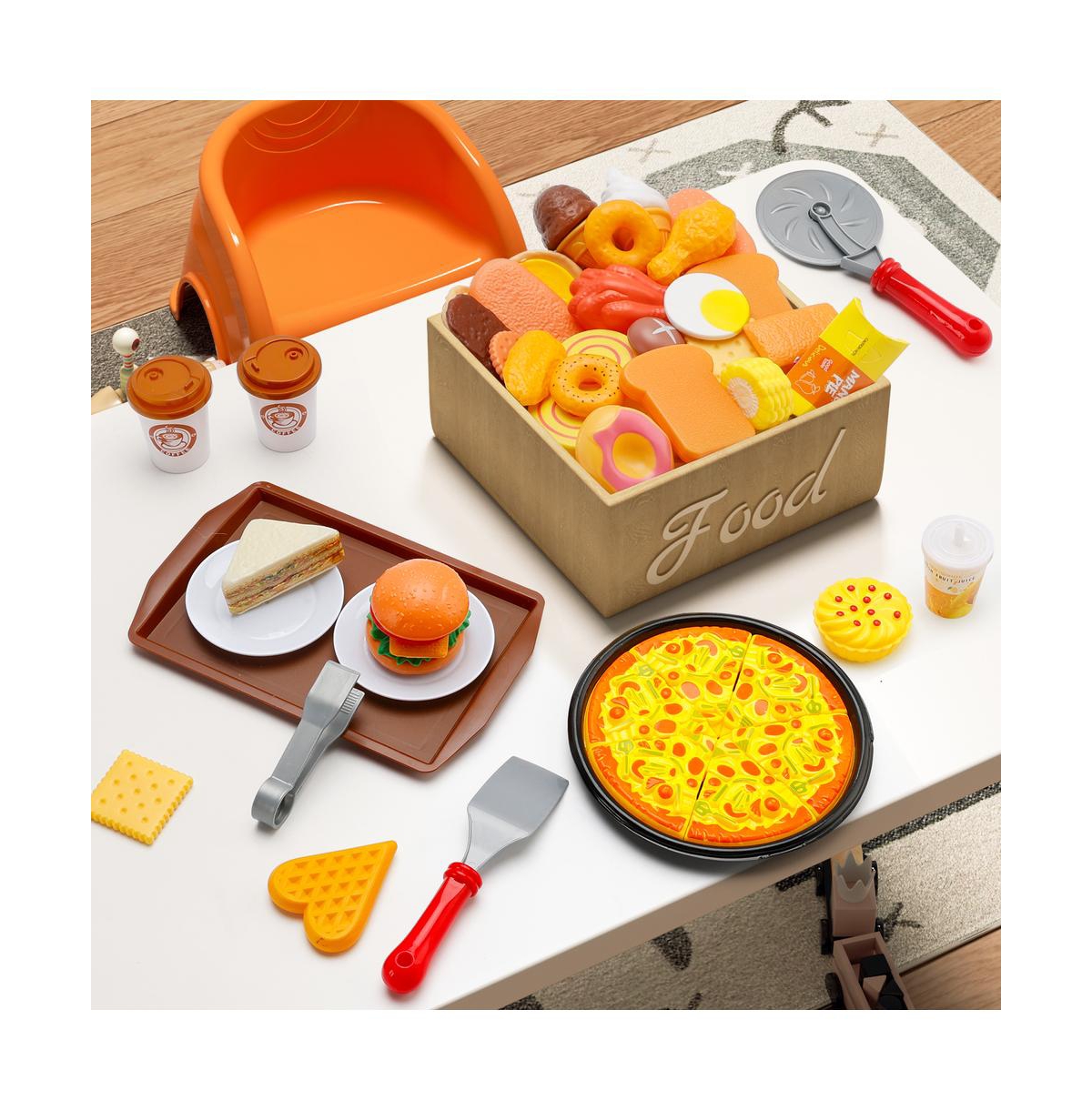 Bruce & Shark 56-Piece Kids Pretend Diner Playset, Toy Food Set with Hamburger, Fries, Sandwich & Waffle