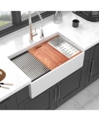 30x20x10inch White Farmhouse Sink Porcelain Ceramic Single Bowl Workstation Kitchen Sink