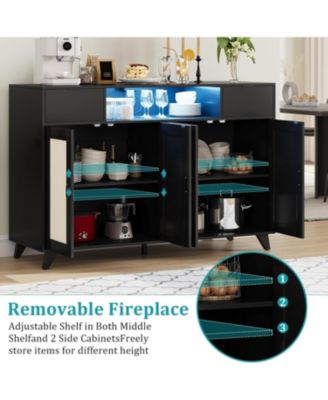 Rattan Sideboard Buffet Cabinet, 4 Doors 2 Drawers, Built-in Power Outlet, Adjustable Shelves, Kitchen, Dining Room, Black
