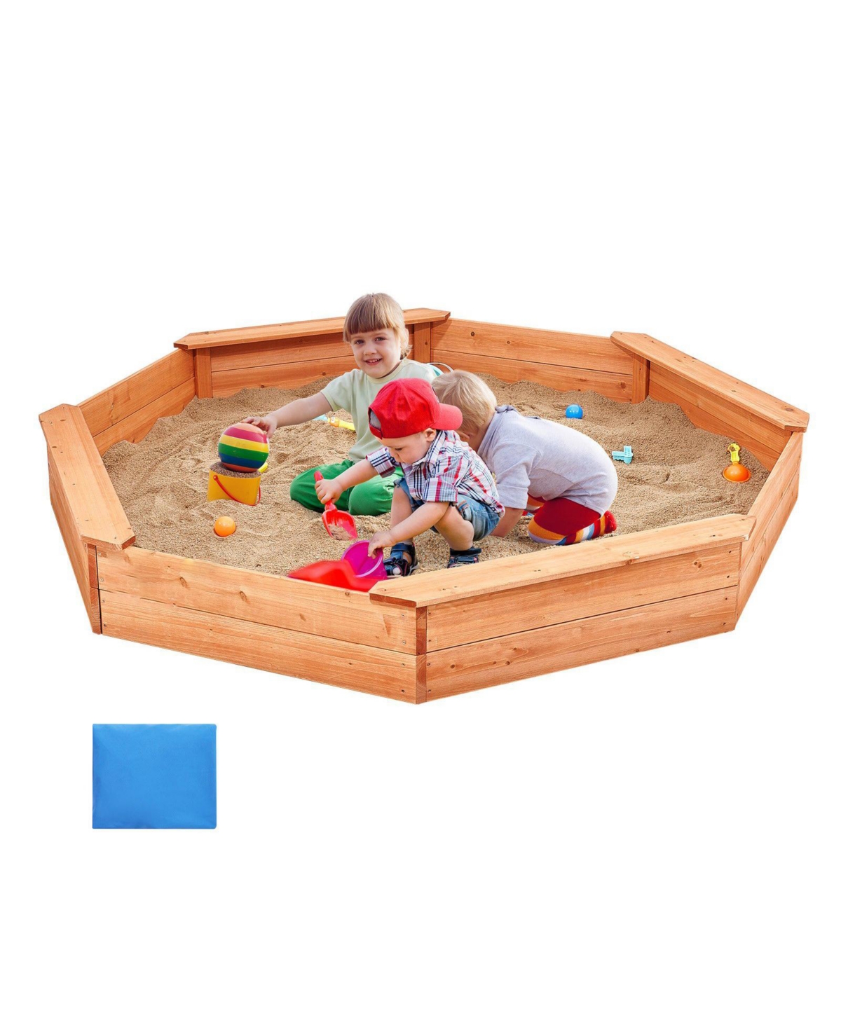 Mecale Wooden Octagonal Sandbox w/ Cover, 75.6" x 75.6" x 9.1", 4 Seats & Bottom Liner, Ages 3-12