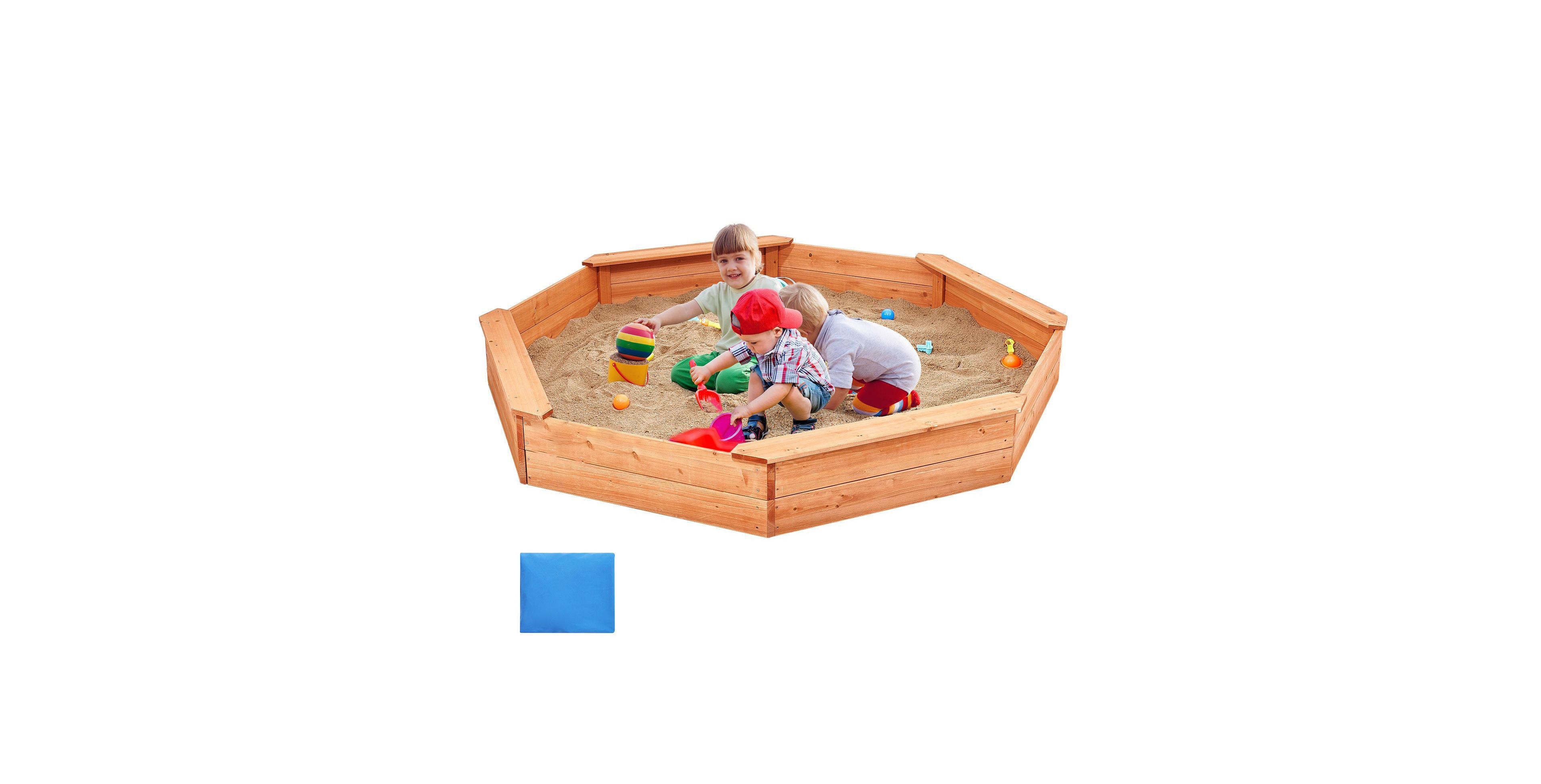 Mecale Wooden Octagonal Sandbox w/ Cover, 75.6" x 75.6" x 9.1", 4 Seats & Bottom Liner, Ages 3-12
