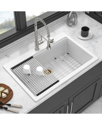 33x22x9.65inch White Quartz Composite Kitchen Sink Workstation Drop In Granite