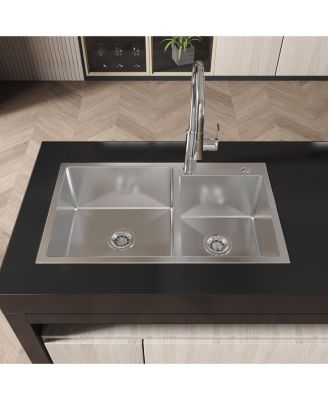 32inch Overmount Double Bowl Brushed Nickel 304 Stainless Steel Handmade Kitchen Sink LS SSBR03 with US Standard Drain and Hook