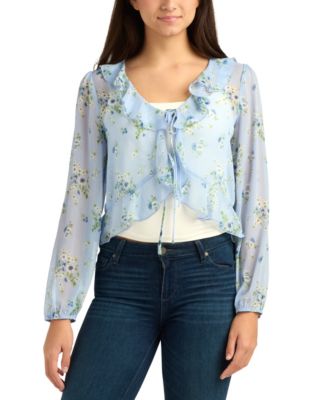 Juniors' Floral V-Neck Printed Top