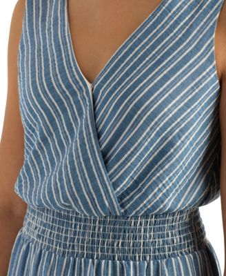 Juniors' Striped Surplice Sleeveless Smocked Jumpsuit