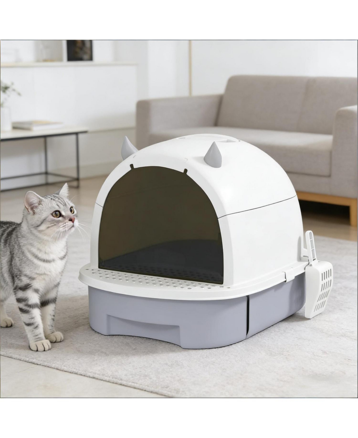 Aostirmotor Easy to Clean Cat Litter Box in Grey and White