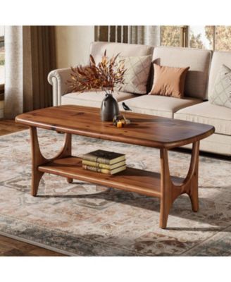 Solid Wood Coffee Table, 47.24” Mid-Century Modern Rectangle Living Room Table, 2-Tier Center Table for Living Room
