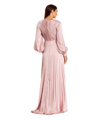 Women's Petite Long Sleeve Pleated High Neck Gown With Slit Dress