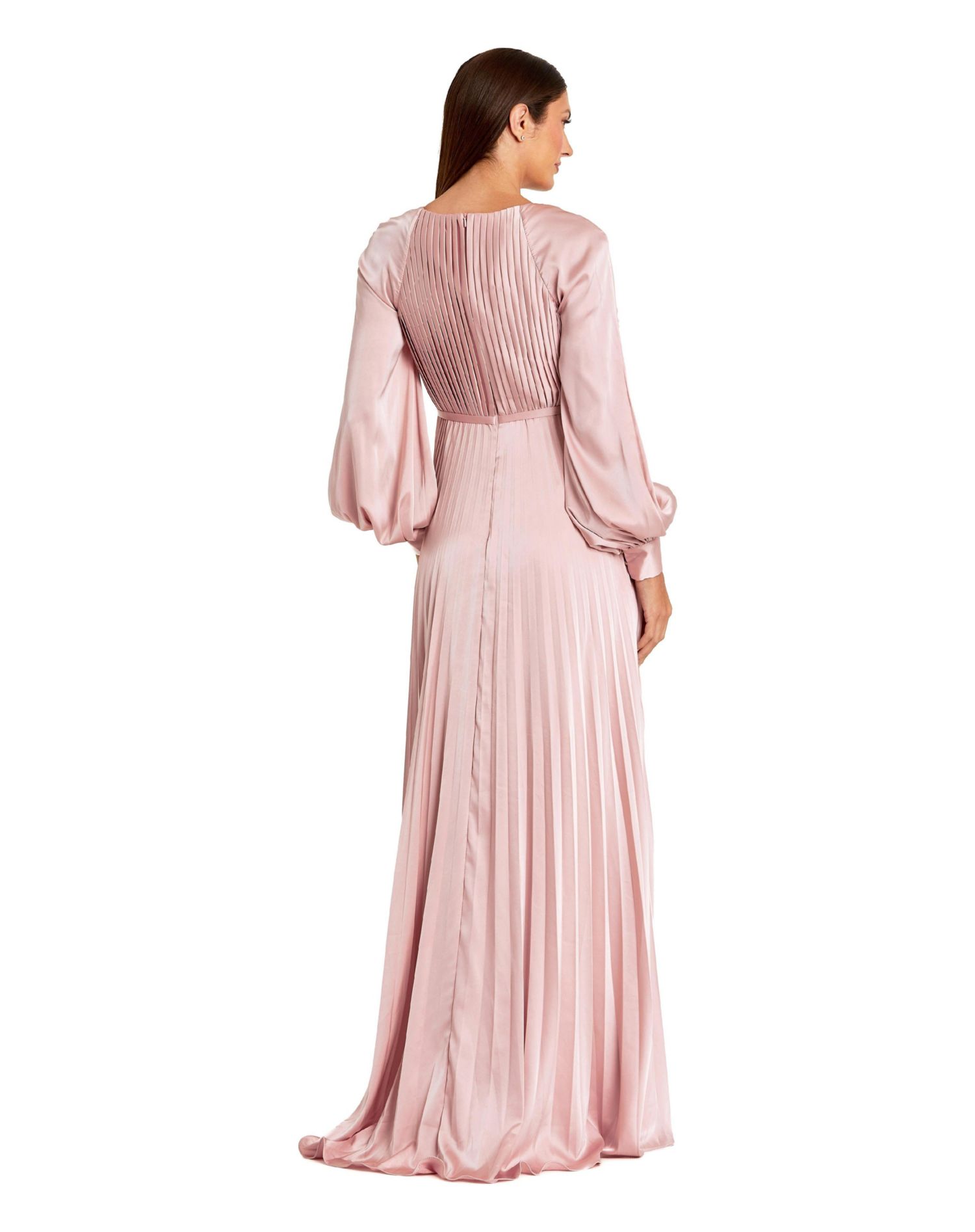 Petite Long Sleeve Pleated High Neck Gown With Slit Dress