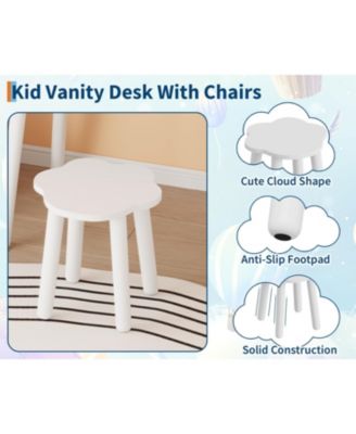 Lighted Mirror Kids Vanity Table and Chair Set - Wooden Princess Makeup Desk with Storage Drawers, Touch Control LED for Girls