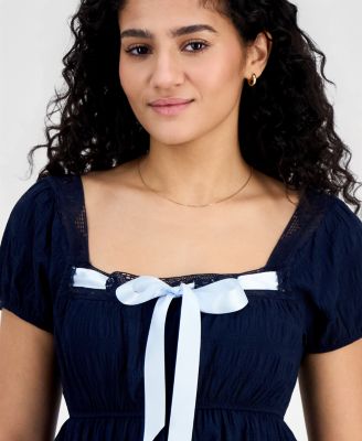 Juniors' Ribbon-Trim Puff-Sleeve Peasant Top