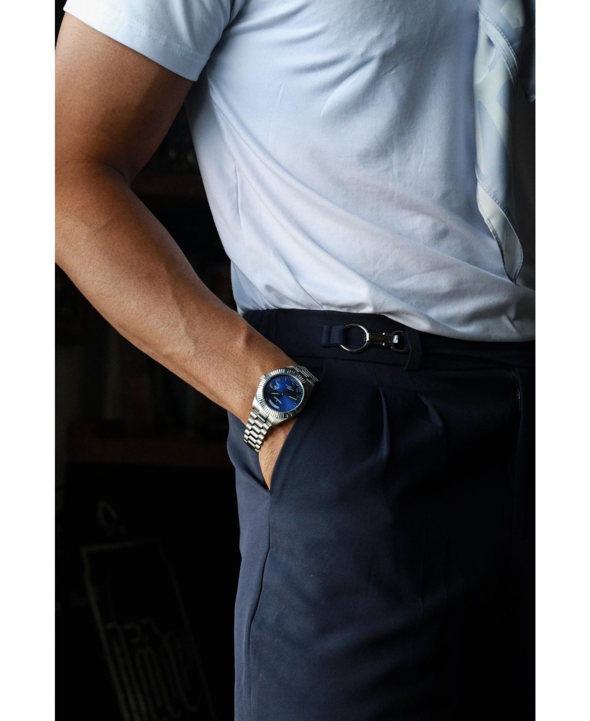 Peugeot Men's 40mm Blue Face Fluted Bezel Steel Bracelet Watch