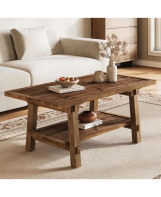 Solid Wood Coffee Table, 47-Inch Rustic Coffee Table for Living Room, 2-Tier Wood Farmhouse Rectangle Center Table with Storage