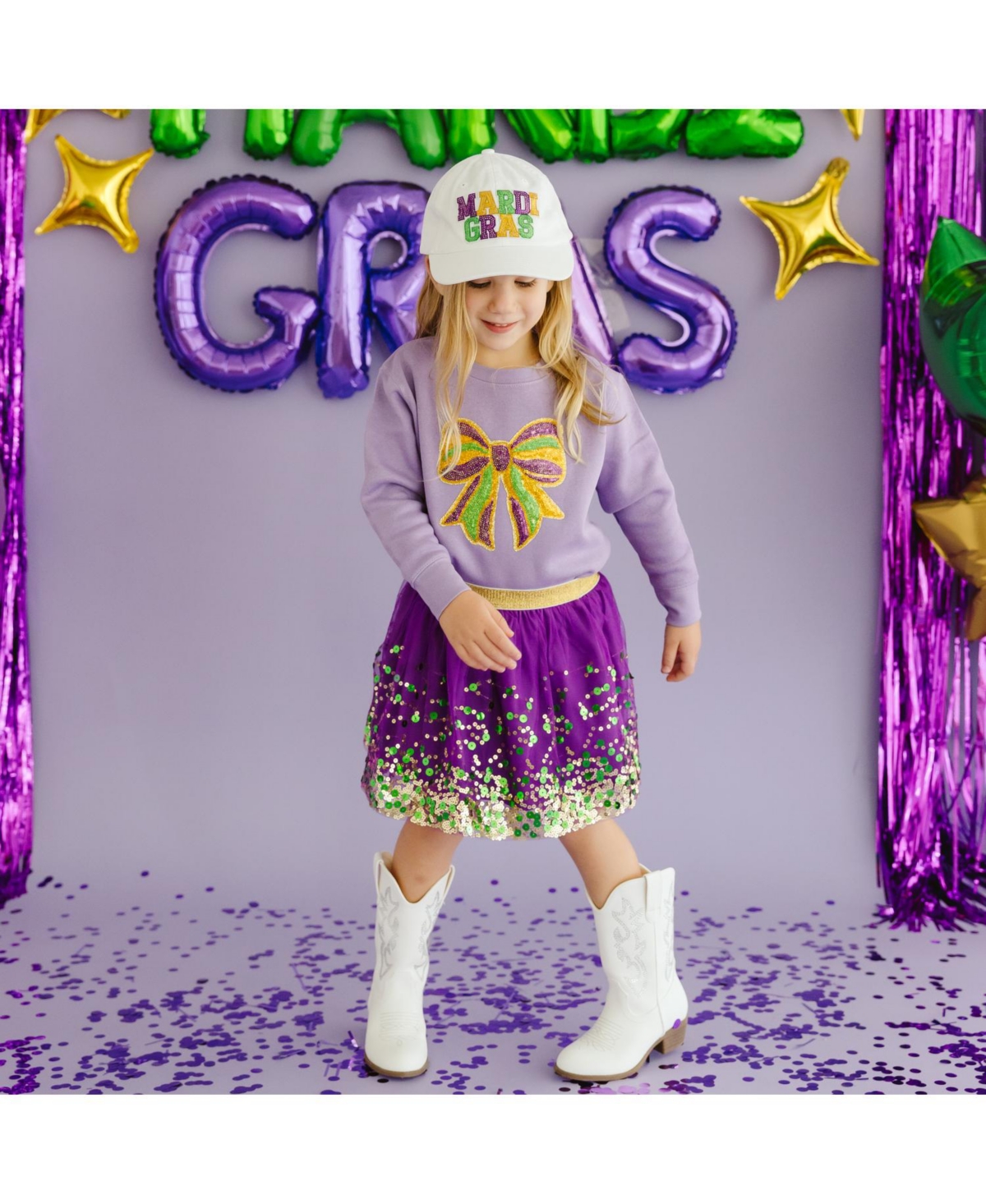 Sweet Wink Baby Girls Mardi Gras Sequin Bow Patch Sweatshirt
