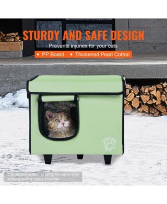 Elevated Heated Cat House with Timer, Adjustable Temperature, 900D Oxford Cloth Foldable Shelter with Heated Pad, Green, Small