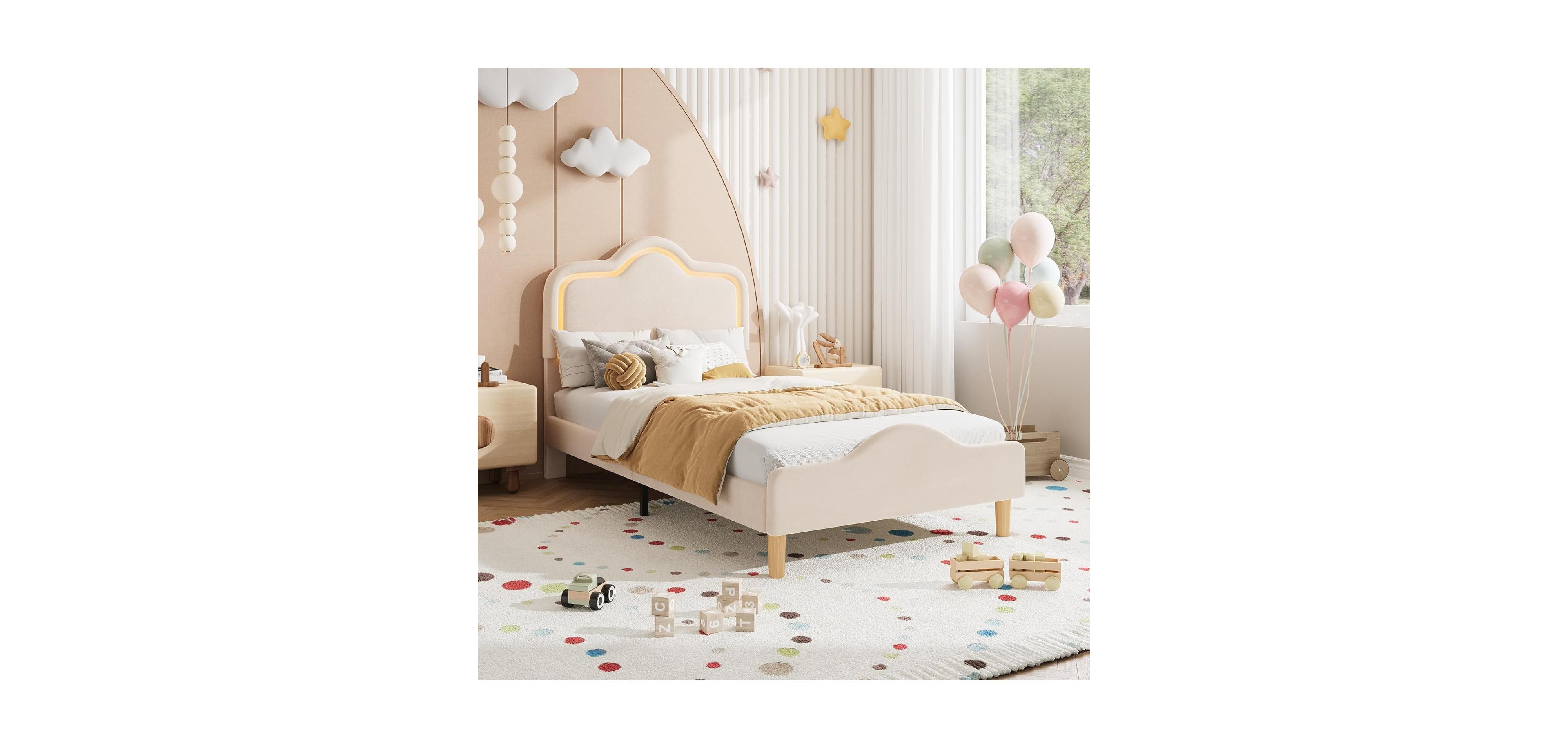 Gaomon Size Velvet Led Bed Frame with Adjustable Headboard, Princess Platform Bedframe for Kids/Girls