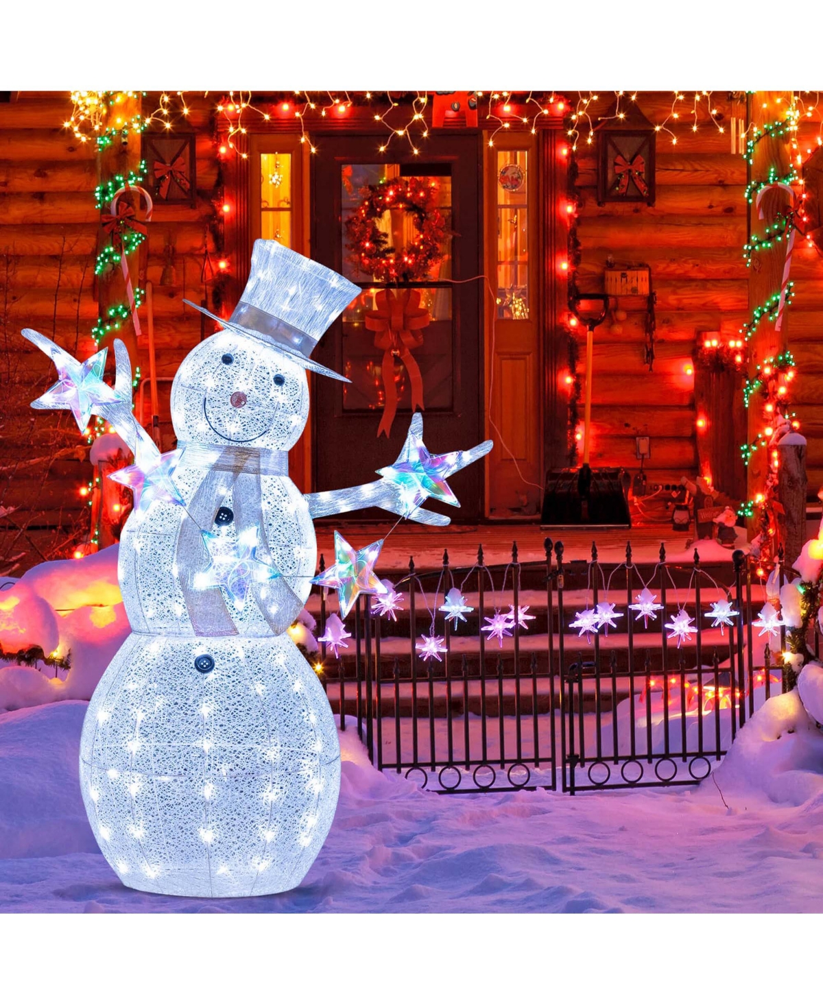Costway 5 Ft Lighted Snowman with Hat Scarf & Stars Zip Ties & Ground Stakes 140 Led Lights