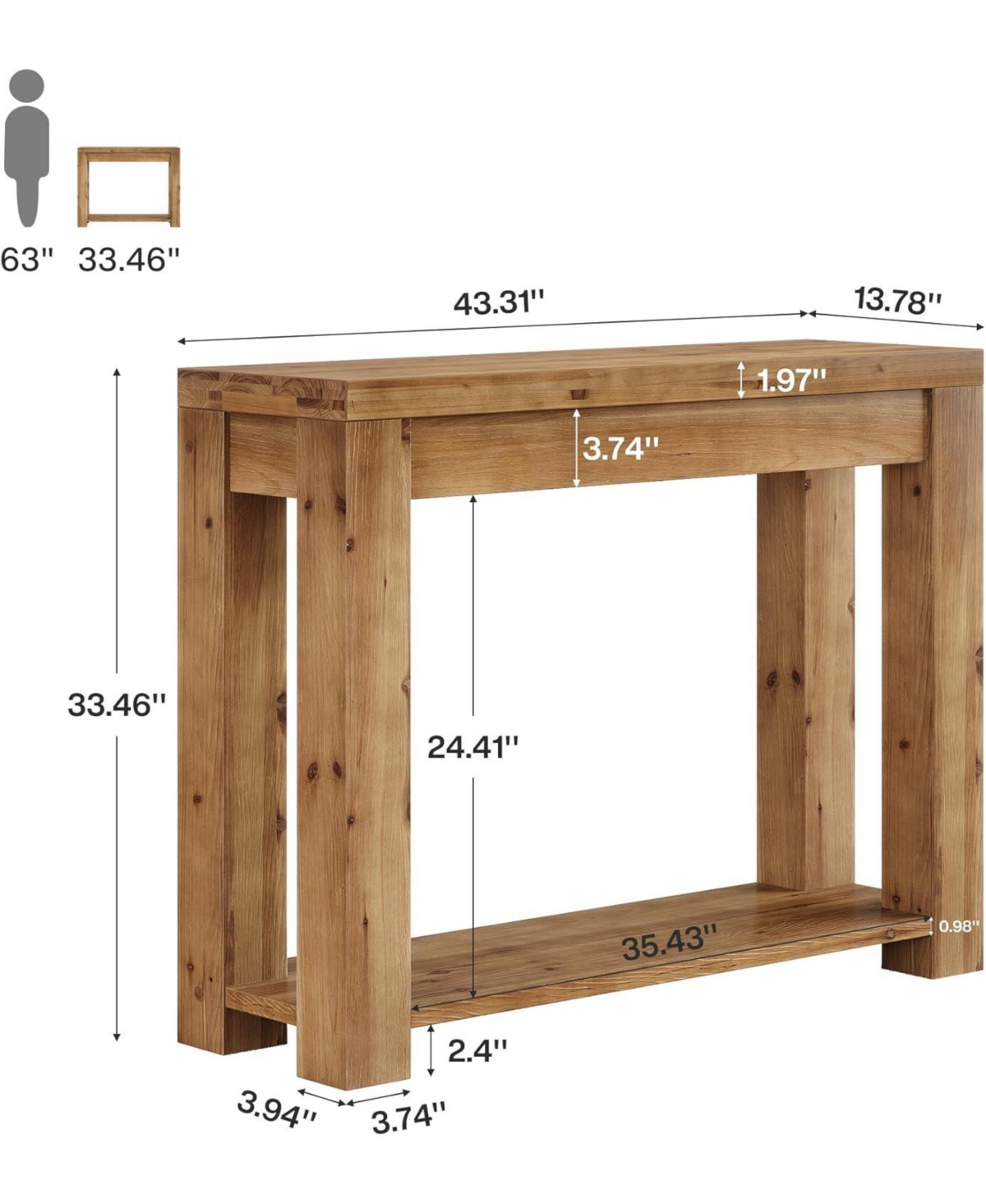 Tribesigns Solid Wood Console Table, Farmhouse 2-Tier Entryway Table, 43.3-Inch Narrow Sofa Table Behind The Couch
