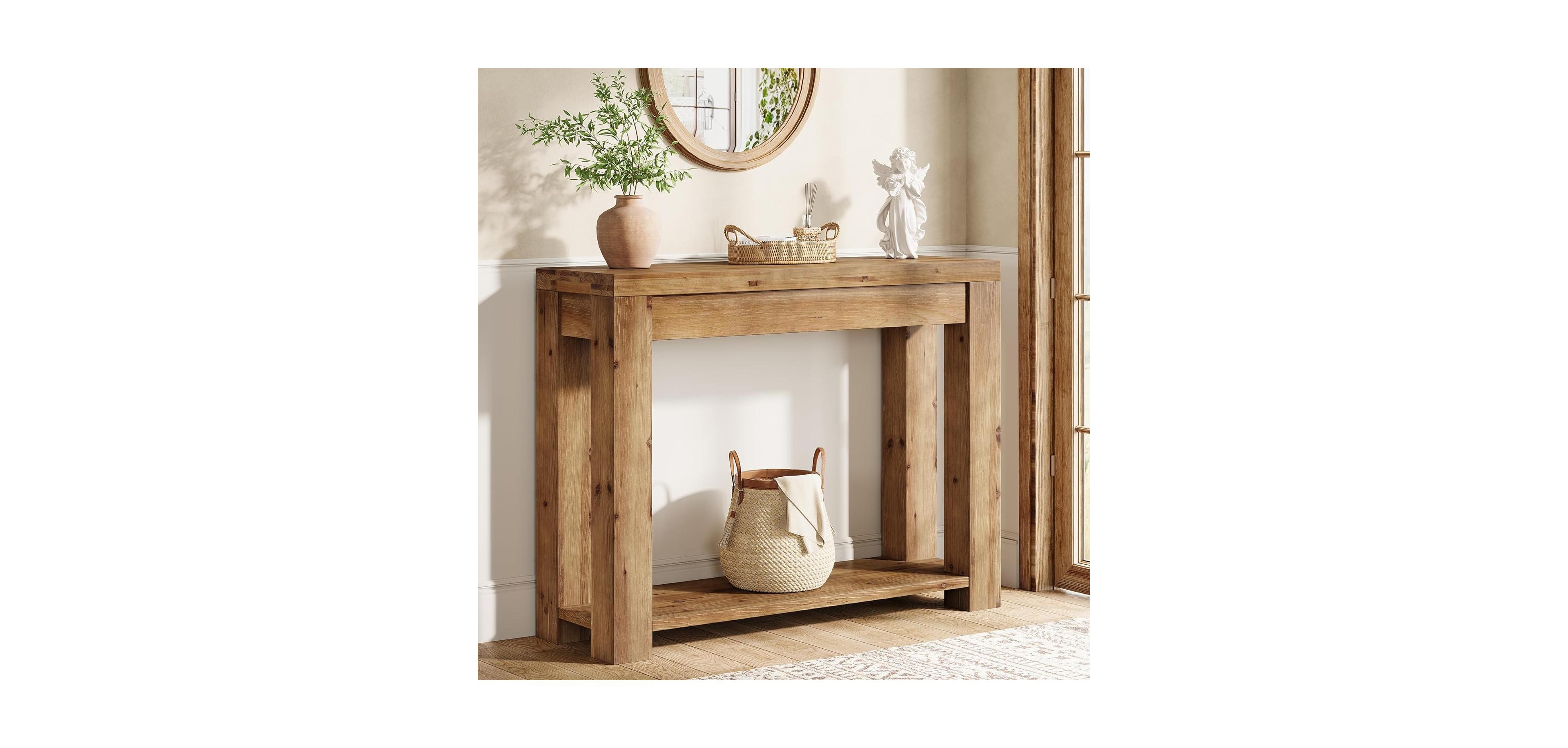 Tribesigns Solid Wood Console Table, Farmhouse 2-Tier Entryway Table, 43.3-Inch Narrow Sofa Table Behind The Couch