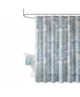 72-inch Cotton Shower Curtain with Blue Watercolor Paisley Floral Motif