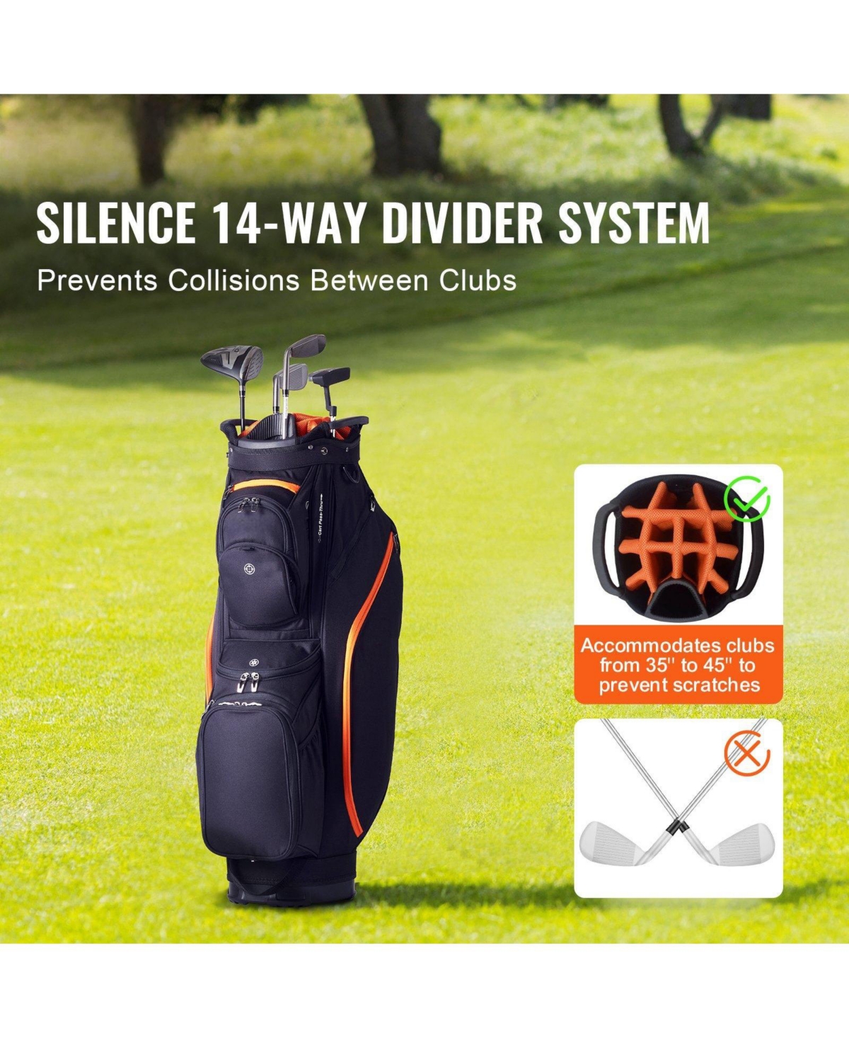 Mecale Golf Cart Bag, 14-Way Divider Top, 36", 13 Pockets, Handles, Dust Cover & Detachable Straps, Black & Orange