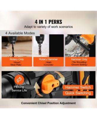 1-1/4" SDS-Plus Rotary Hammer Drill, 13 Amp Corded, Variable Speed, Vibration Control, Safety Clutch, Demolition Tool