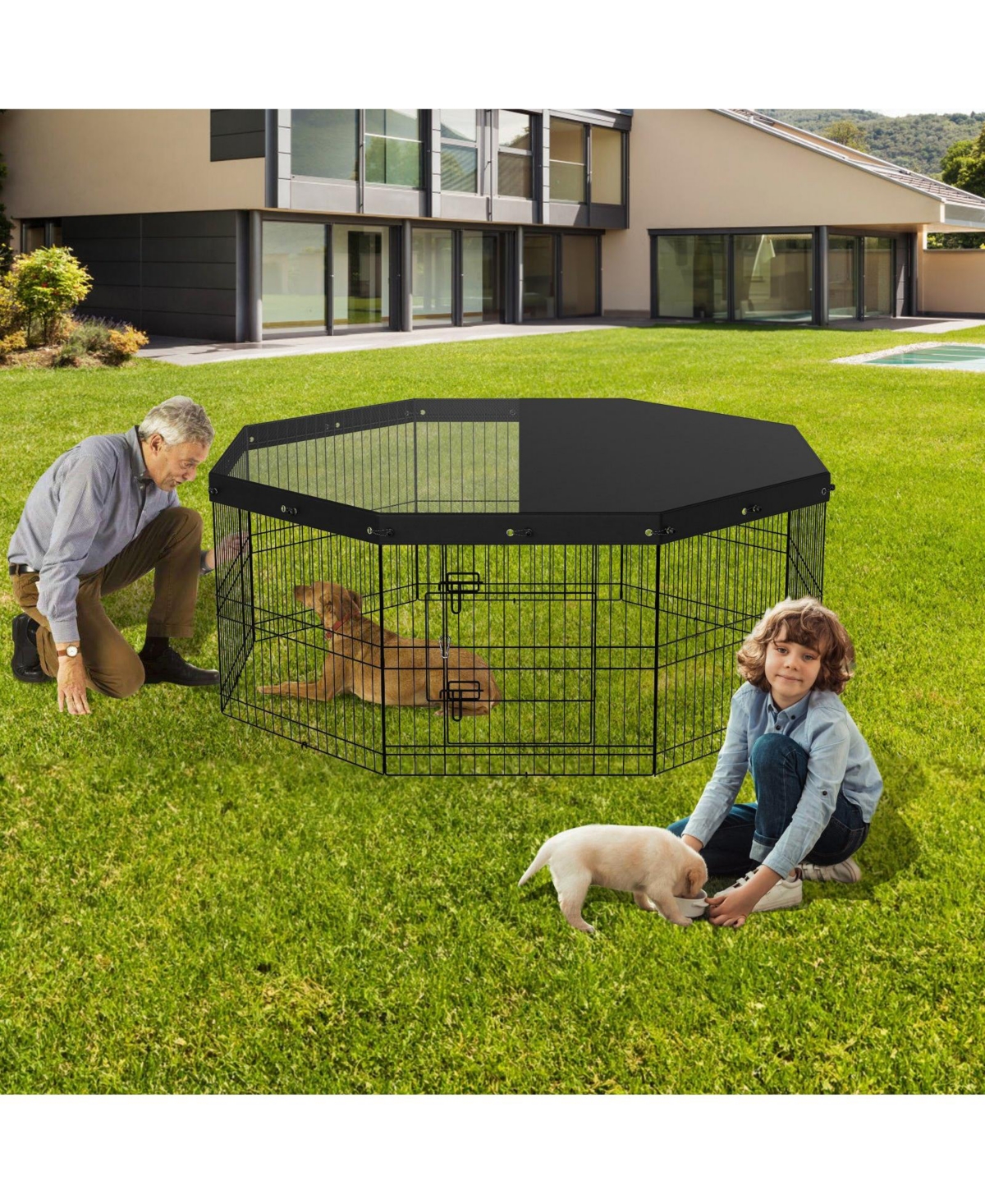 Cozito Dog Playpen, 8-Panel Foldable Metal Exercise Pen w/ Top Cover, 24 in H, Puppy Fence w/ Ground Stakes, Indoor/Outdoor