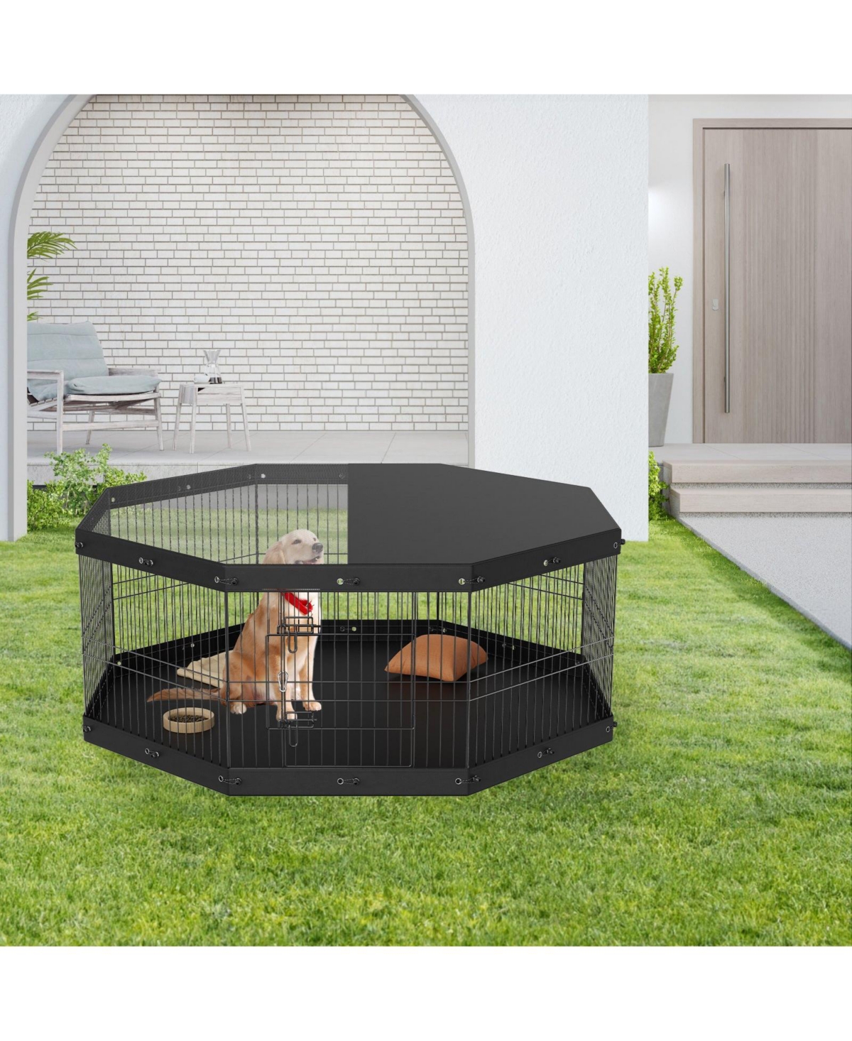 Cozito Dog Playpen, 8-Panel Foldable Metal Exercise Pen w/ Top Cover & Bottom Pad, 24 in H, Indoor/Outdoor Puppy Fence for Camping & Yard