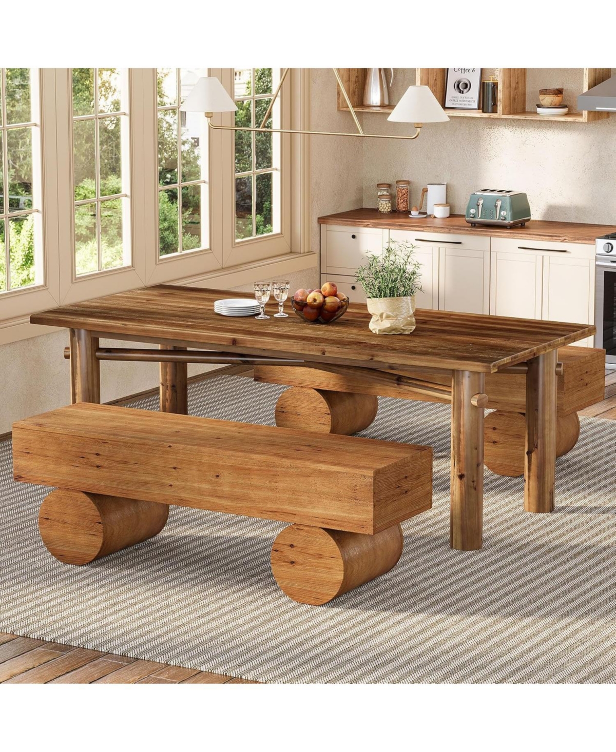 Tribesigns Solid Wood Dining Bench, 59" Farmhouse Indoor Long Kitchen Table Bench with Thickened Seat & Cylindrical Legs