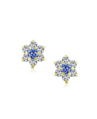 Tiny Royal Sapphire Blue Cubic Zirconia CZ Flower Stud Earrings 14K Gold Screw-back