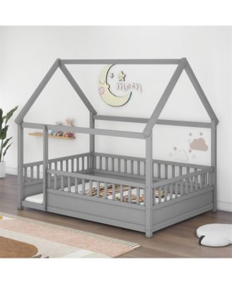 Full Size Wooden Floor Bed with House Roof Frame & Fence Guardrails for Kids