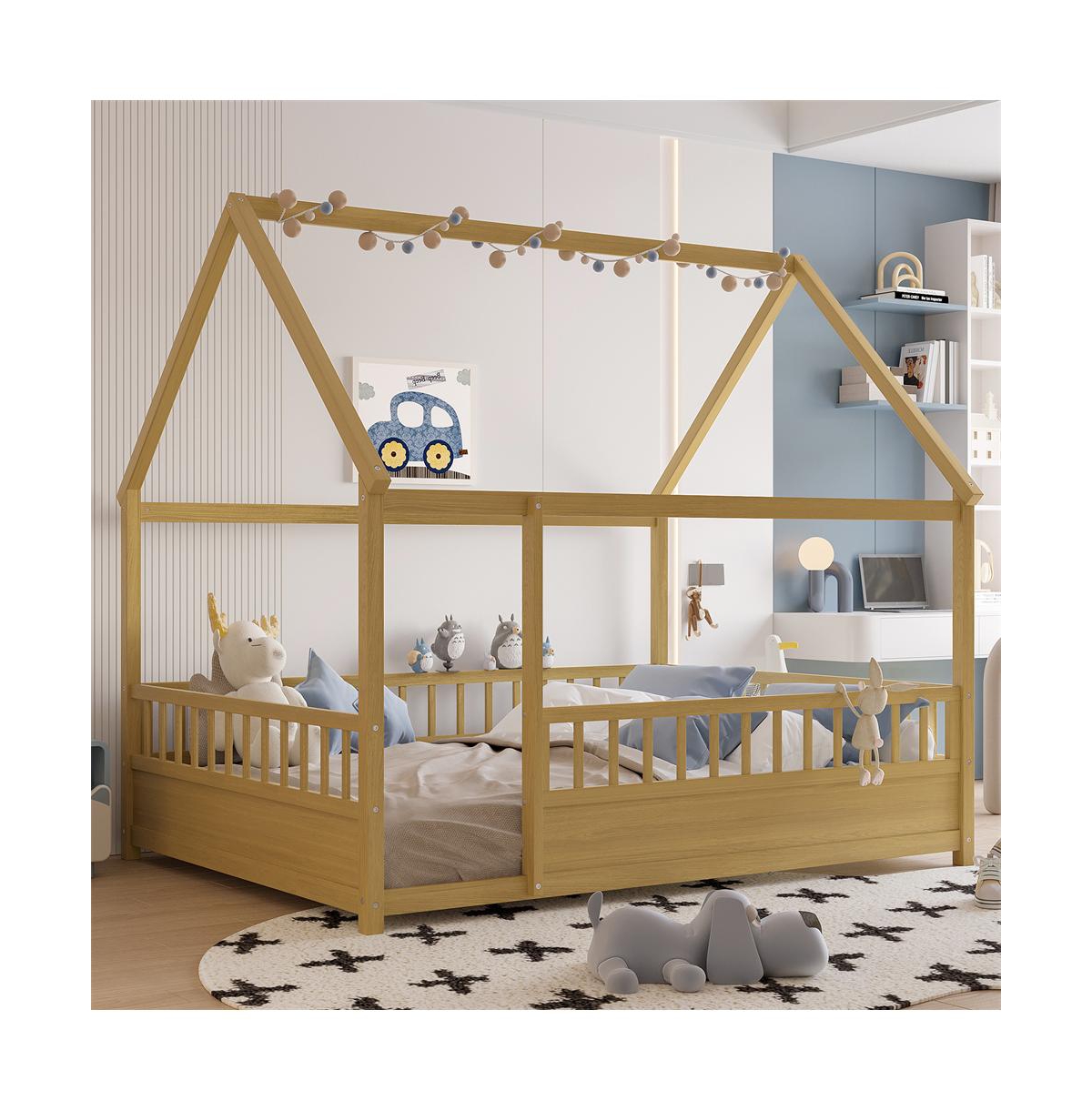 Cesicia Full Wooden Floor Bed with House Roof Frame & Fence Guardrails for Kids