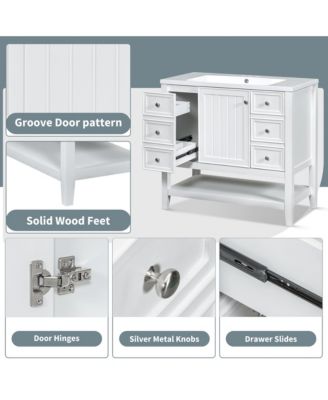 36in. Solid Wood and MDF Board Bathroom Vanity with Sink, One Cabinet and Three Drawers