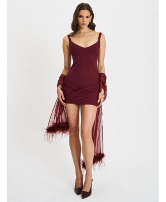 Women's Tori Wine Red Pleated Mini Dress with Chiffon Scarf