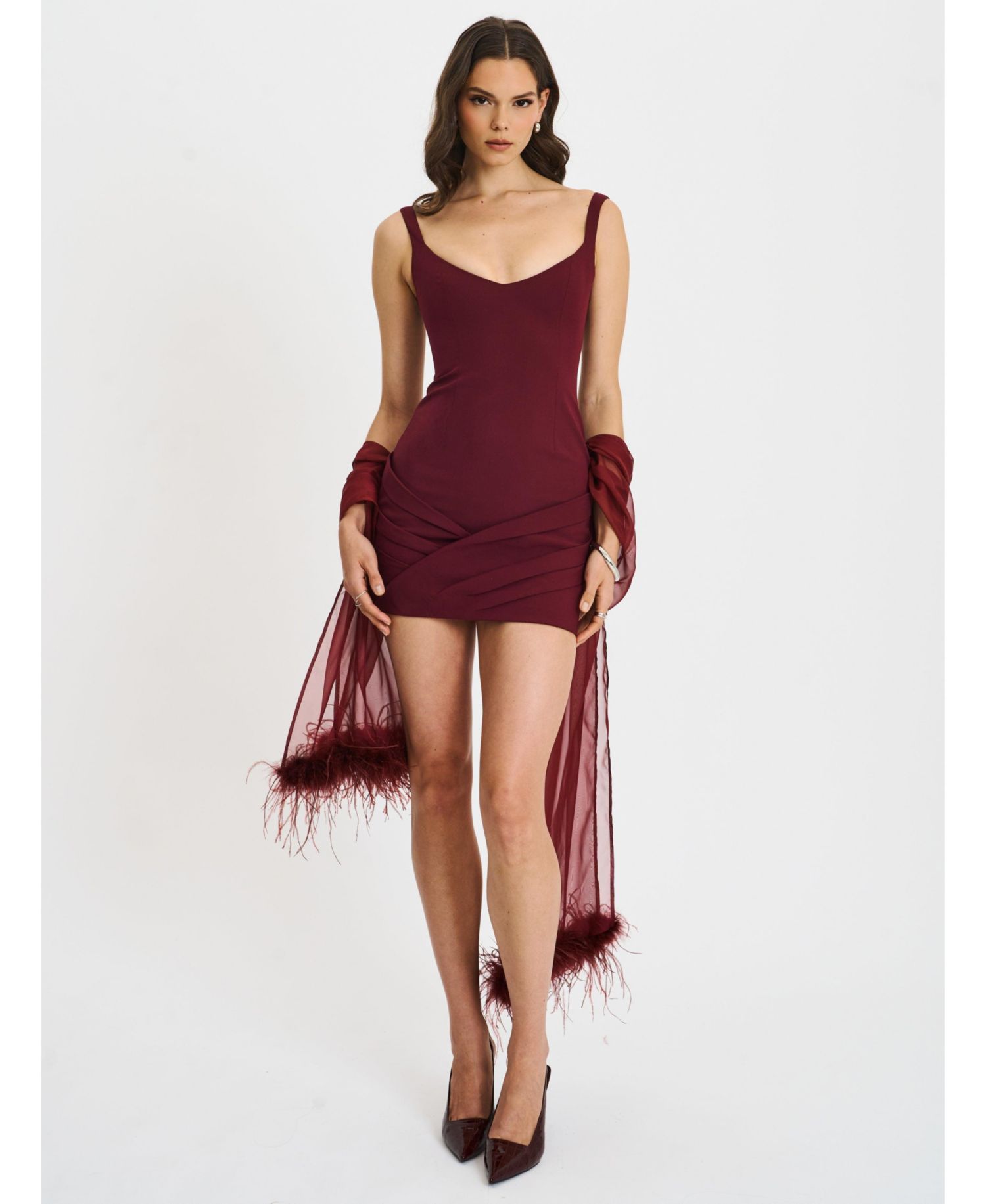 Women's Tori Wine Red Pleated Mini Dress with Chiffon Scarf
