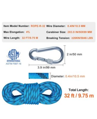 10.5 mm Static Climbing Rope, 9.7M (32ft), 25KN Breaking Tension, Fiber Rope with Steel Snap Hooks, Blue